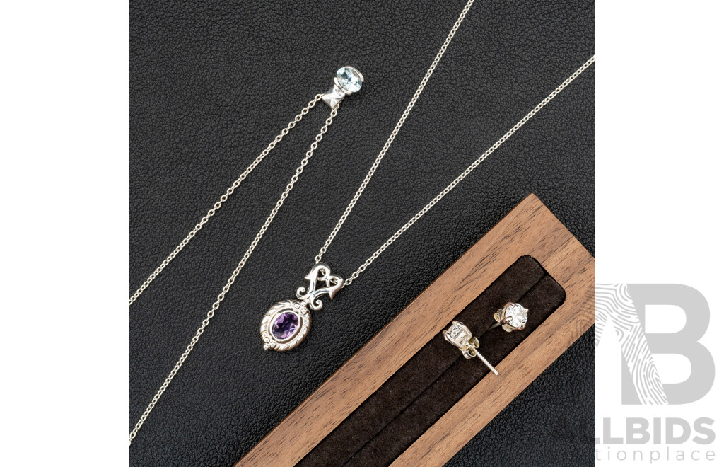 Sterling Silver Topaz & Amethyst Pendants on Chain, SS CZ Stud Earrings, 9.93 Grams - as New