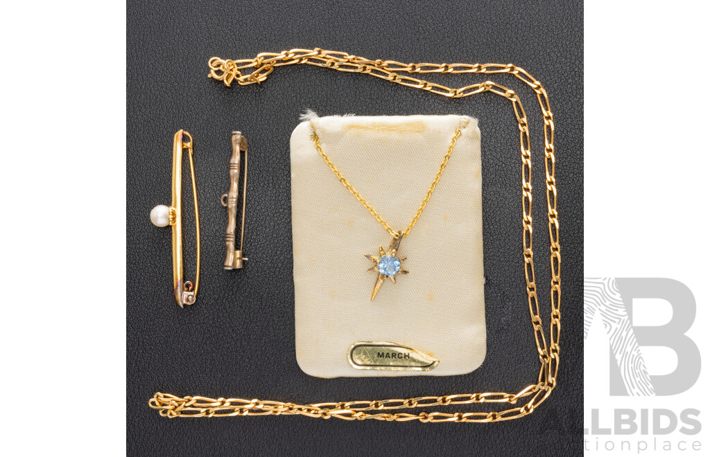 Vintage Gold Tone (2) Sterling Silver Bar Brooches & 18KGP (2) Vintage Necklaces, Including Topaz & Pearl
