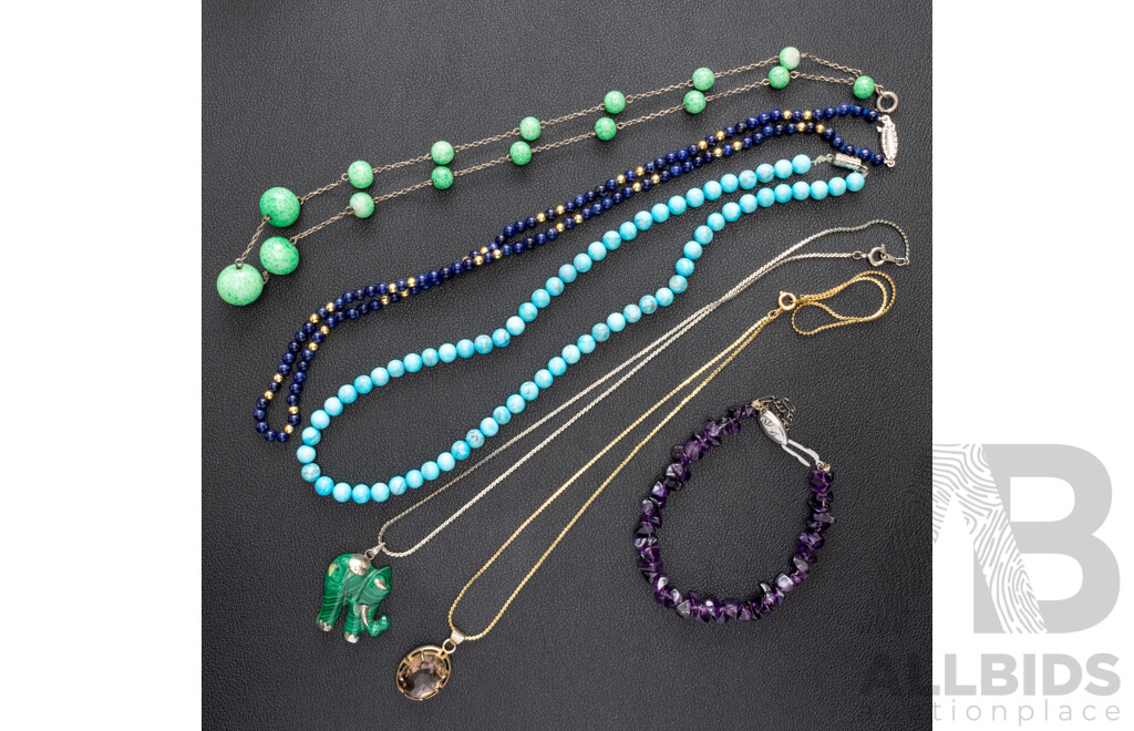 Collection of Vinage Gemset Necklaces, Including Malachite Carved Elephant Pendant, Lapis, Smokey Quartz & SS Amethyst Bracelet