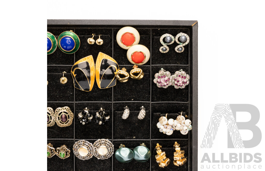 Collection of 35 Pairs of Quality Clip on Earrings on Display Tray