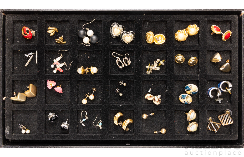 Collection of 34 Pairs of Stud and Drop Earrings on Display Tray