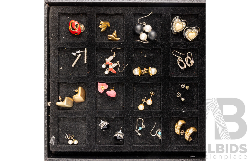 Collection of 34 Pairs of Stud and Drop Earrings on Display Tray