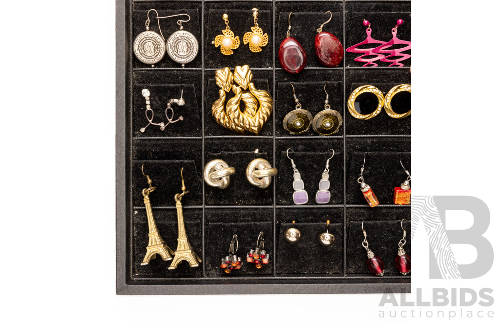 Collection of 34 Pairs of Stud and Drop Earrings on Display Tray