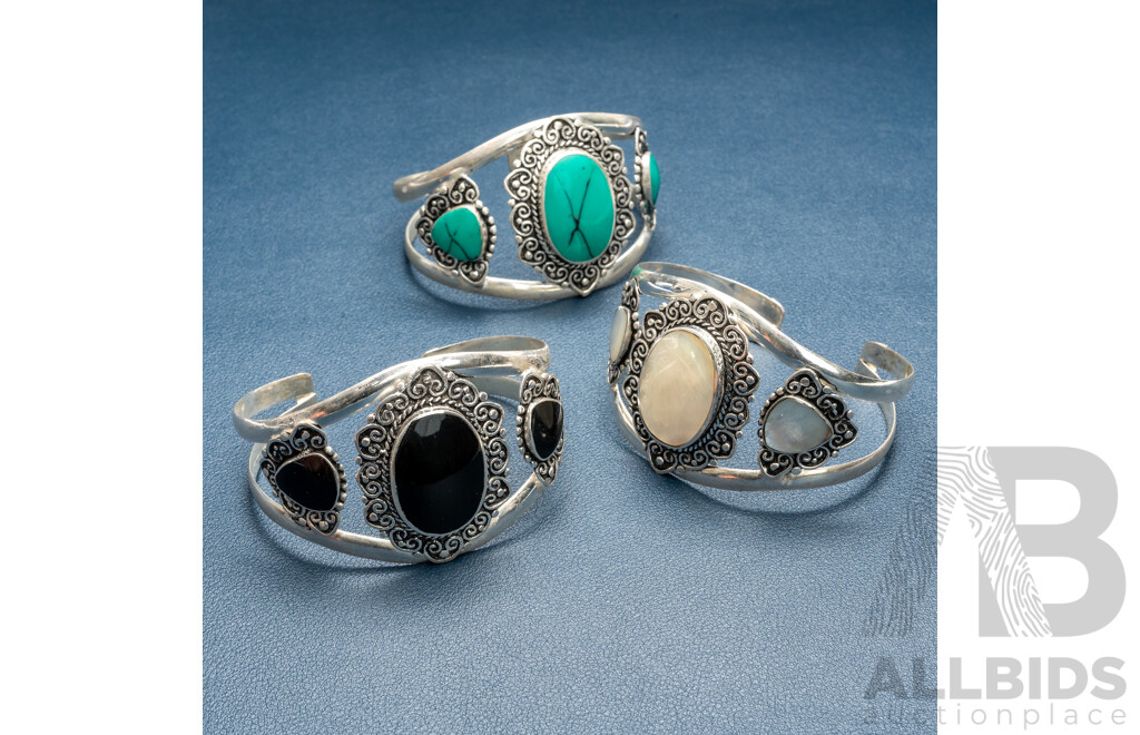 Collection of (3) Silver Open Cuff Bangles with Gemstones, 93.0 Grams, as New
