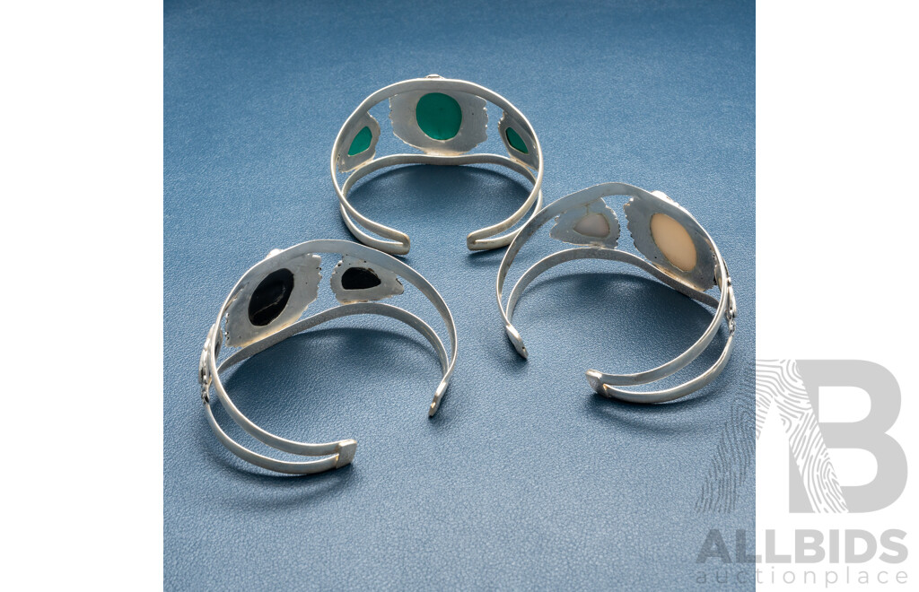 Collection of (3) Silver Open Cuff Bangles with Gemstones, 93.0 Grams, as New