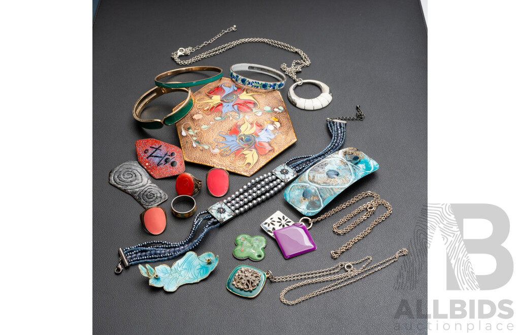 Collection of Vintage Enamel Finish Jewellery Items Including Handmade Enamel Floral Bangle, 58mm Diameter