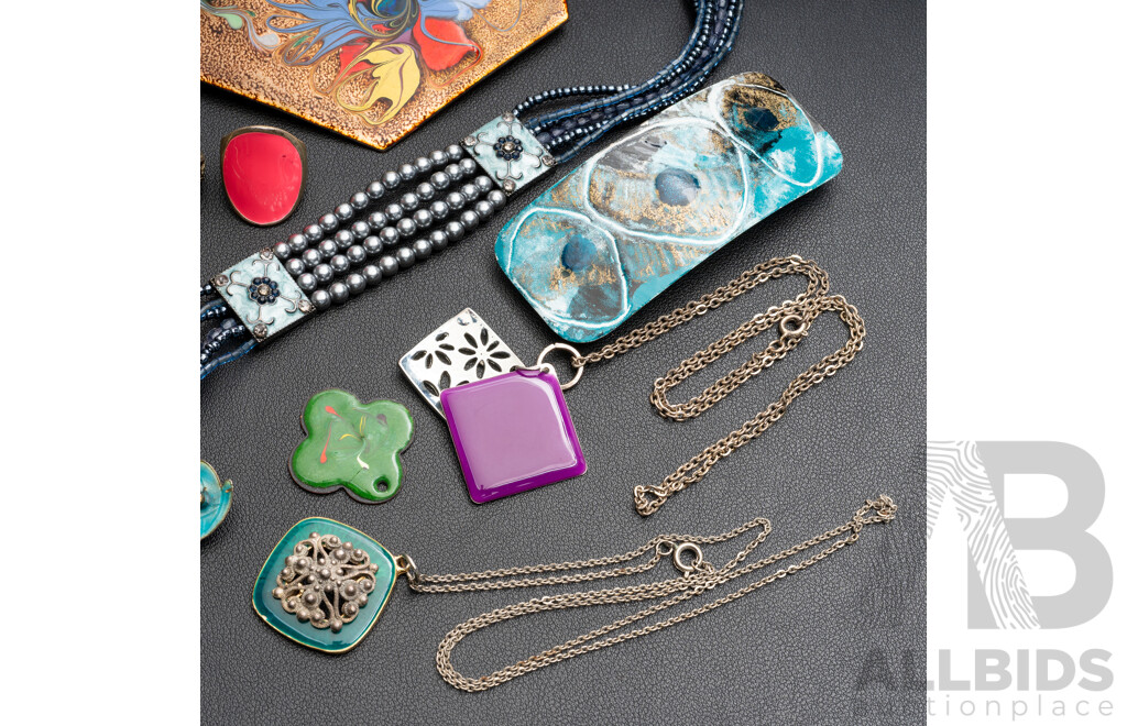 Collection of Vintage Enamel Finish Jewellery Items Including Handmade Enamel Floral Bangle, 58mm Diameter