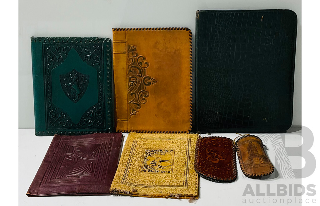 Collection of Vintage Leather Goods Including Compodeum and Hand Embossed and Sewn Book Covers and Spectacle Cases