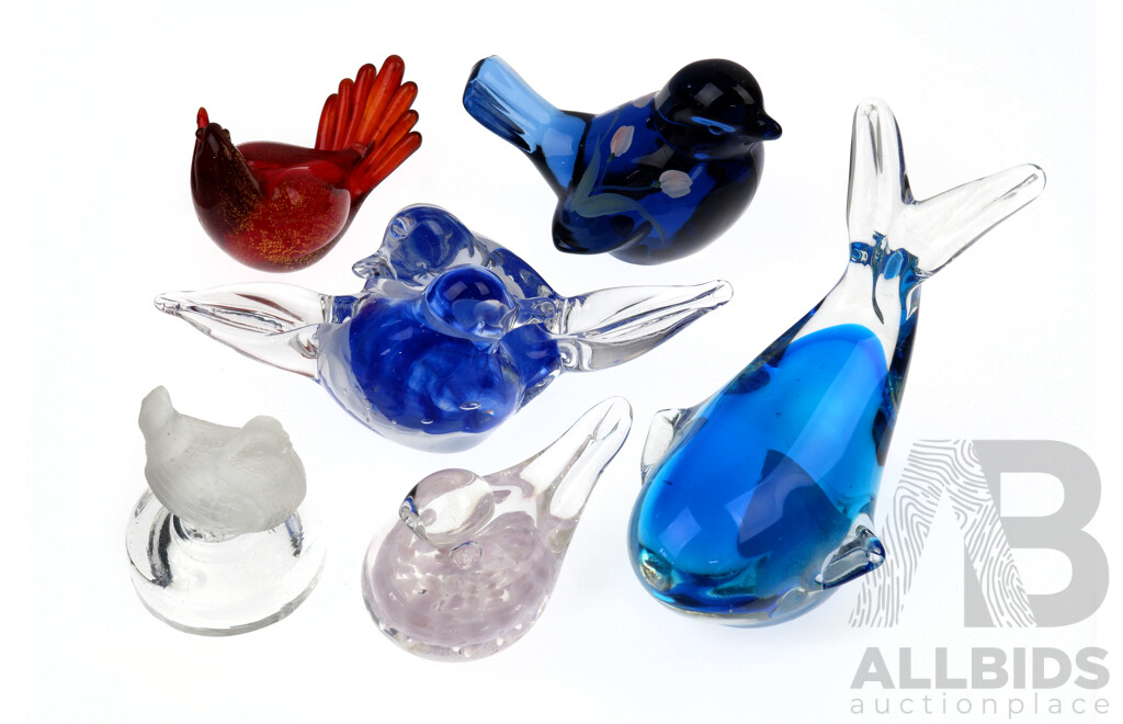 Collection Glass Animal Figures Including Fenton Hand Painted Blue Bird with Label to Base