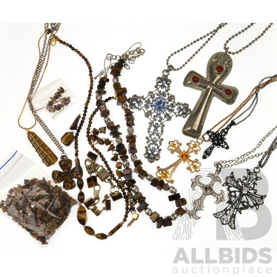Collection of Vintage Tigers Eye Pieces and Loose Beads and Collection of Paste Stone Cross Pendants