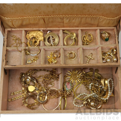 Large Vintage Jewel Box with Many Interesting Vintage Gold Plated Jewellery Items