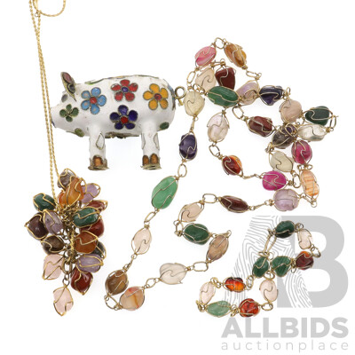 Cute Little Cloisonne Pig and (2) Necklaces & Bracelet with Caged Polished Natural Gemstones