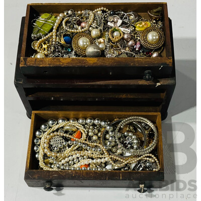 Old Wooden Jewel Box with (2) Drawers Filled with Interesting Vintage Jewellery Items, Including Sterling Silver Pearl Flower Pendant