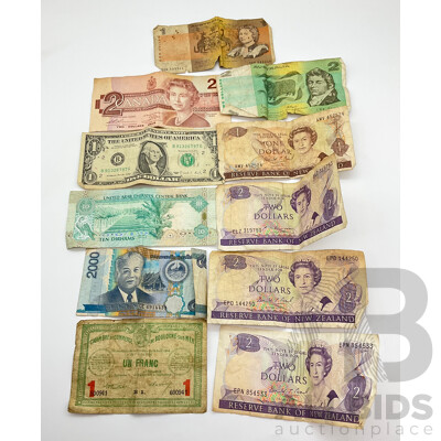 Collection of Paper Bank Notes Including 1914 One Franc, Australian One and Two Dollar, New Zealand One and Two Dollar, Canada Two Dollar, USA One Dollar, UAE Ten Dirhams, Laos 2000 Kip
