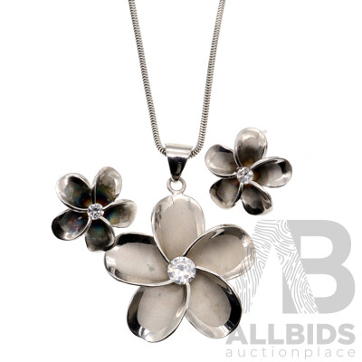 Sterling Silver Frangipani Flower Pendant and Earrings Set with CZ Stones, as New, 13.51 Grams