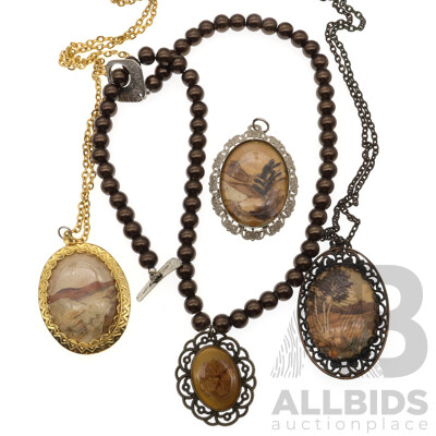 Stunning Collection of (4) Vintage 'Art in Bark' Pendants Created by Hand From Melaleuca Trees and Other Natural Materials