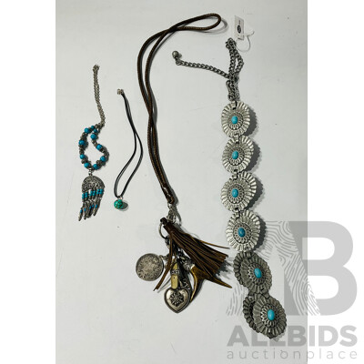 Leather Antler Key Chain/bag Charm and Silver Tone Faux Turquoise Belt with (2) Turquoise Howlite Necklaces