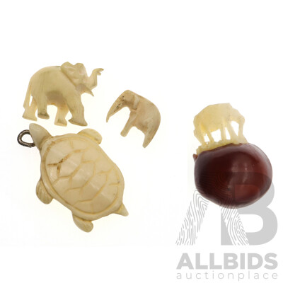 Rare Vintage Lucky Ivory Elephant Seed Pod in Original Case with Small Carved Elephants and Turtle