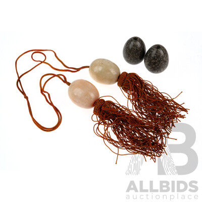 Large Egg Shaped (2) Quartz Beads on String with (2) Grey Agate Drilled Egg Shaped Beads