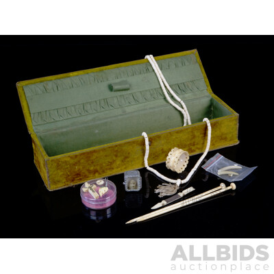 Antique Velvet Glove Box with Ivory Knitting Needles and Collection of Other Ivory Carved Items Including Prayer Beads