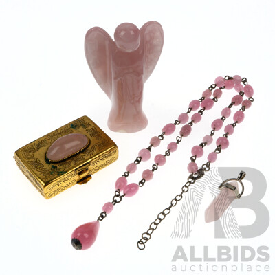 Beautiful Vintage Rose Quartz Gold Plated Pill Box with RQ Angel and RQ Beads & Amulet