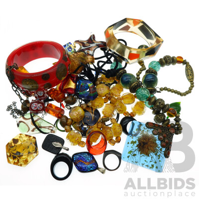 Collection of Resin and Art Glass Jewellery Including Bangle, Rings, Necklaces and Pendants