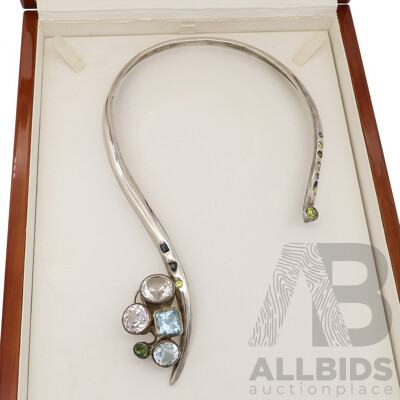 Contemporary One of a Kind Sterling Silver Handmade Open Colour Neck Piece with Gemstones, 154 Grams