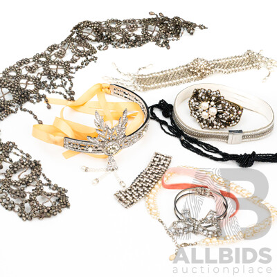 Vintage Collection of 1920's 'Great Gatsby' Flapper Pieces Including Headdress, Beaded Belt and Cuffs