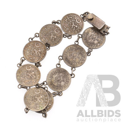 Netherland East Indies Gulden Vintage Coin Bracelet, Coins Dated 1941, 1942, 1945, 800 Silver, 19cm Long