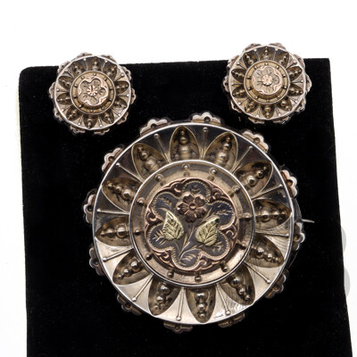 Antique Victorian (late 1890's) Sterling Silver Target Brooch and Matching Screw Back Clip on Earrings, 8.42 Grams