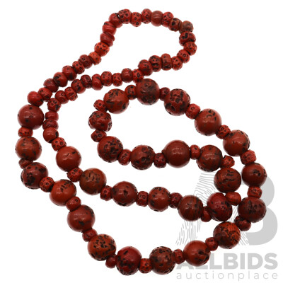 Antique Victorian Red Italian Coral Nugget Beaded Necklace, 80cm Long