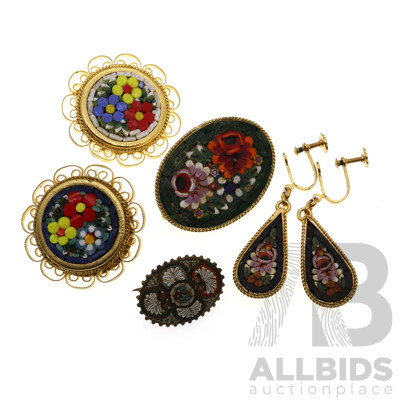 Mico Mosaic Vintage Collection of (4) Brooches and Screw Back Clip on Earrings