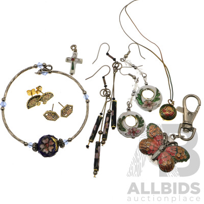 Vintage Cloisonne Petite Jewellery Collection Including Bangle, Earrings, Pendants and Butterfly Watch Keyring