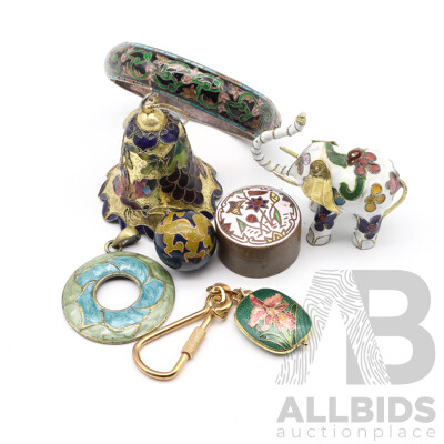 Collection Of Vintage Cloisonne Trinkets Including (2) Ornaments, Bangle, Trinket Box, Keyring and Harmony Ball