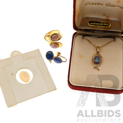 Vintage Gold Plated Opal Triplet Pendant, Earrings and Ring with Solid Oval Crystal Opal Piece 14mm X 10mm