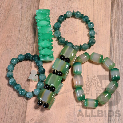 Vintage Collection of (5) Green Agate & Coloured Jade Bracelets on Stetch Elastic