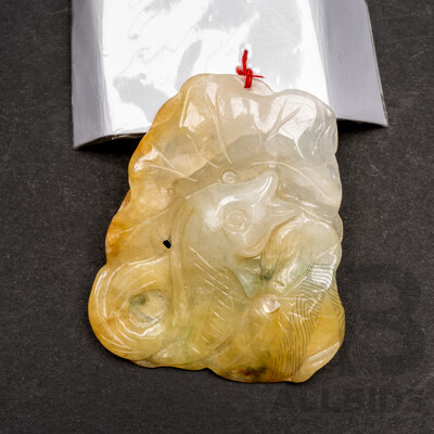 Vintage Carved Jade Double Sided Fish Pendant, 48mm X 40mm, 17.46 Grams