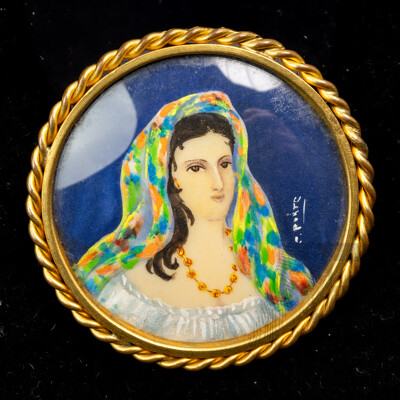 Vintage French Handpainted Portrait Brooch, 58mm, Signed