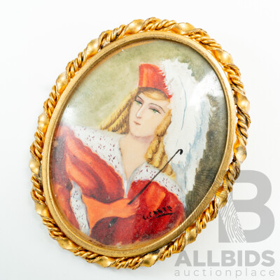 Vintage French Handpainted Oval Portrait Brooch, 58mm, Signed