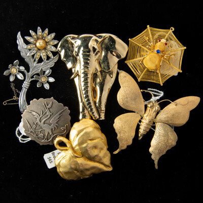 Collection of (6) Large Vintage Nature Themed Brooches, Gold/silver Tone