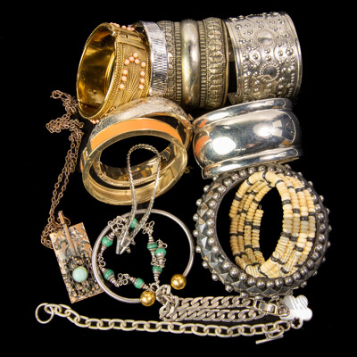 Collection of (14) Vintage Bangles, Cuffs & Bracelets with Turquoise Pendant