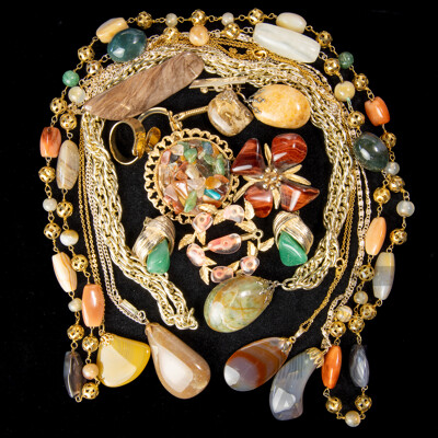 Vintage Natural Gemstone Collection with Brooches, Pendants and Beaded Necklace