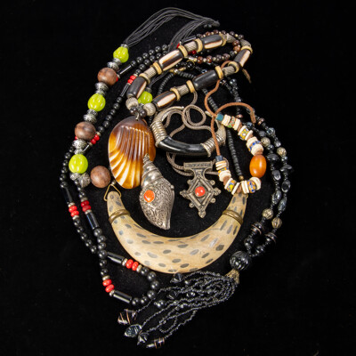 Beaded Tribal (7) Necklaces Also Included Silvertone Shell Pendant & Horn Open Cuff Bangle