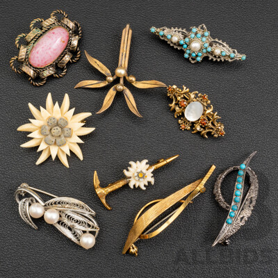 Collection of (9) Vintage Silver/gold Tone Brooches with Paste Stones