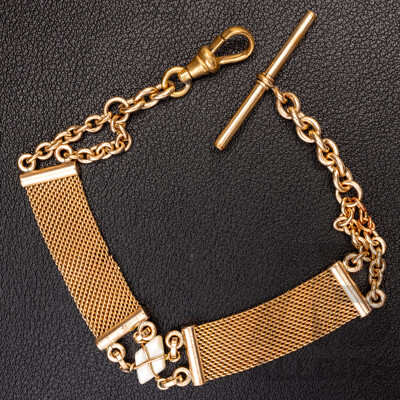 Vintage Gold Tone Fob Chain with Mesh Detail and Mother of Pearl, 21cm, Could Also Be Worn as a Bracelet