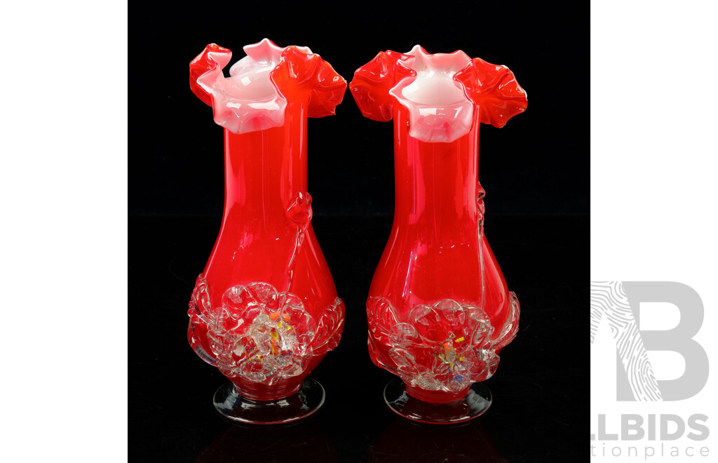 Pair Hand Made Glass Vases with Fluted Ruffled Rim and Applied Glass Flower Decoration