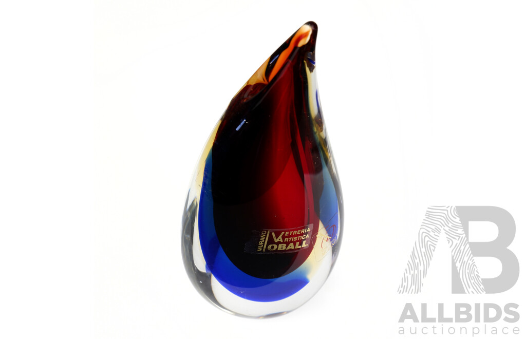 Retro Murano Glass Sommerso Teardrop Form Paperweight with Original Label