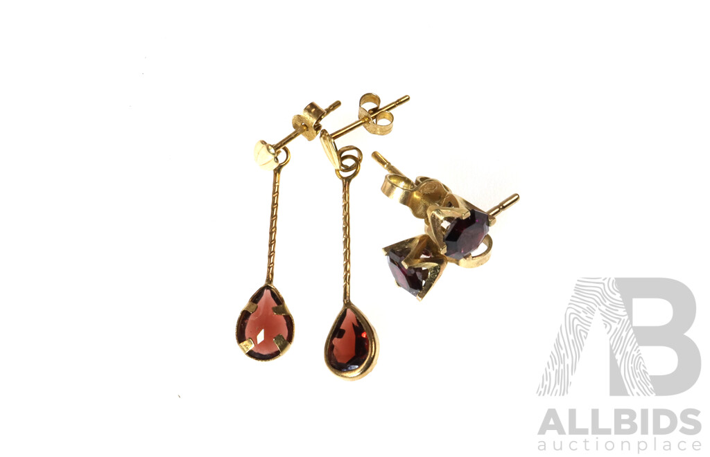 9ct Rose Gold Garnet Drop Stud Earrings & 9ct Rubelite Garnet Rose Gold Stud Earrings, 1.89 Grams