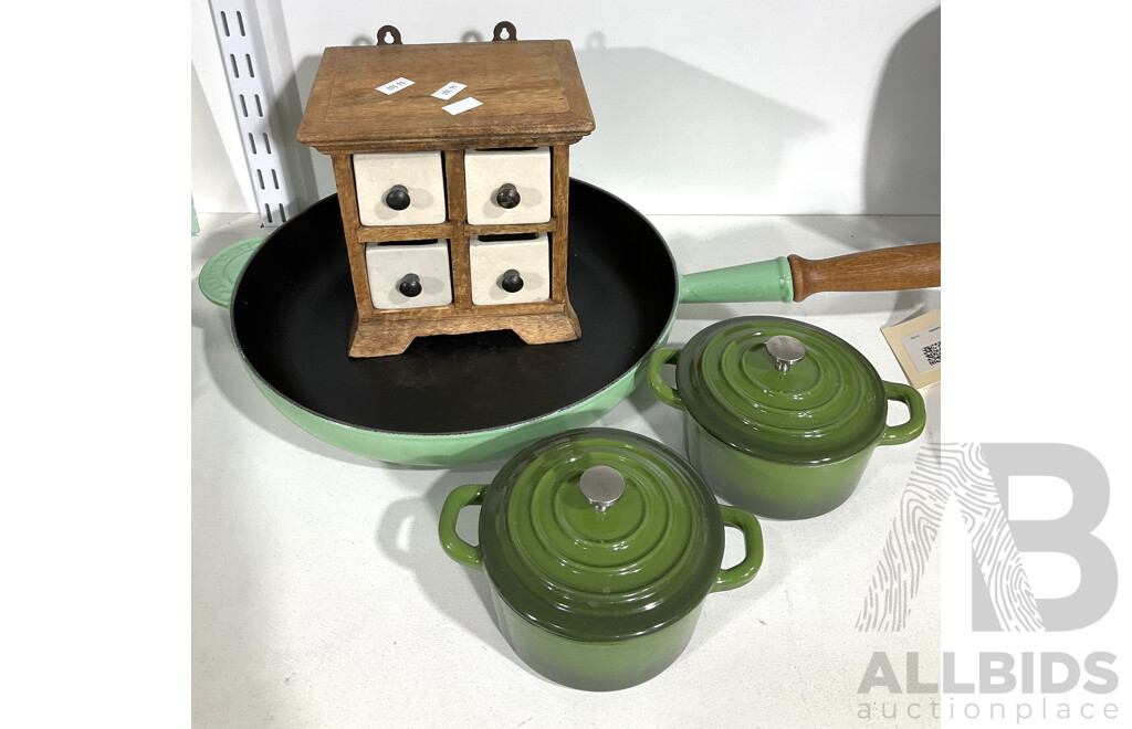 Large Le Creuset Frying Pan with Wooden Handle, Alongside Individual Crofton Casserole Dishes with Lids and a Wall Mountable Wooden and Ceramic Spice Drawer