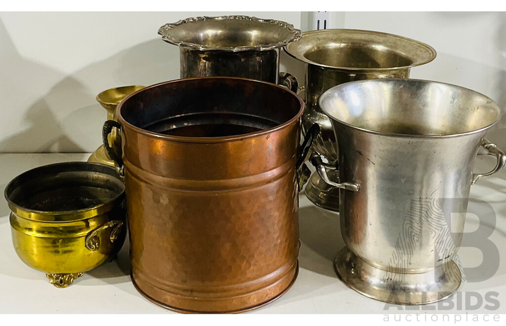 Collection Decorative Items Including Three Champagne Buckets with Saracen Reproduction Sheffield Plate Example, Copper Bucket, Brass Ewer and More